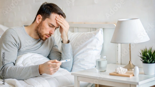 Obraz Man feeling unwell checking thermometer while resting in bed at home