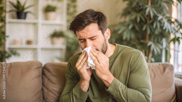 Obraz Man with cold blowing nose sitting on couch at home during flu season