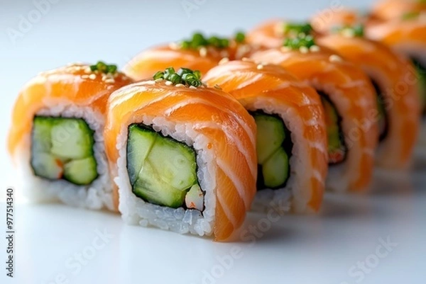 Fototapeta Salmon & cucumber sushi rolls*a plain white background,