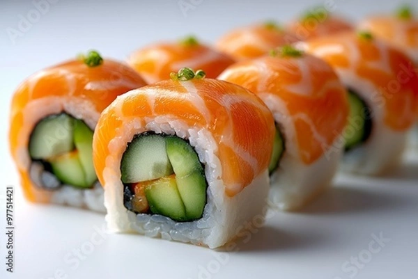 Fototapeta Salmon & cucumber sushi rolls*a plain white background,