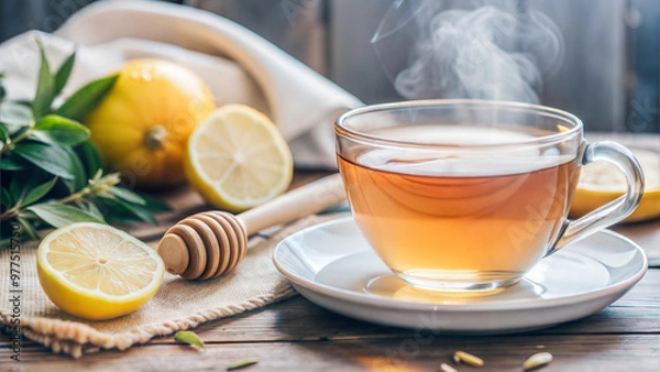 Fototapeta Cup of hot tea with lemon and honey on wooden table for cold relief