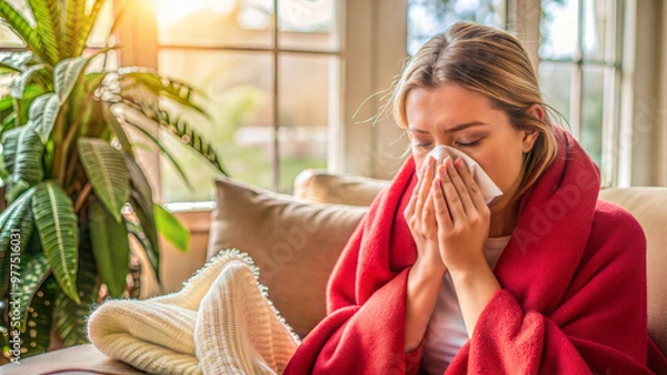 Fototapeta Sick woman wrapped in red blanket coughing on couch while staying at home with illness