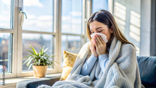 Fototapeta Young woman blowing nose while sitting on couch with a tissue during cold or flu