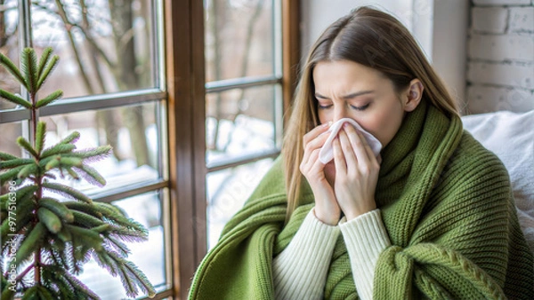 Obraz Sick woman with green blanket blowing her nose sitting by the window in winter season