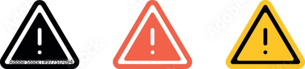 Obraz Attention sign icon set. Black, color, linear. Icons, symbols, signs. Exclamation danger sign. Attention sign icon set. Hazard warning attention sign. Silhouette on white background.