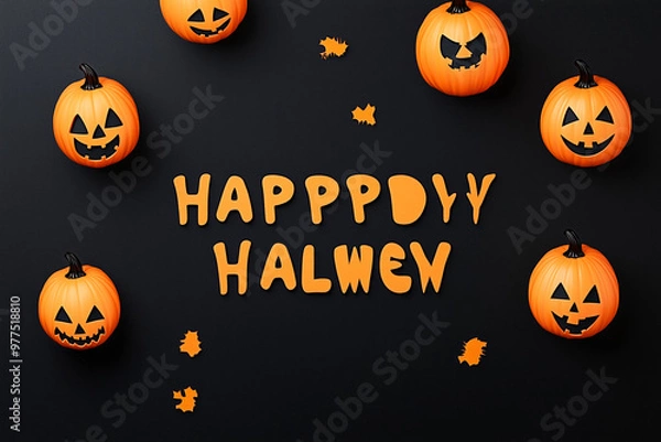 Obraz Happy Halloween text surrounded various pumpkins with carved faces and other decorations. Halloween celebration concept