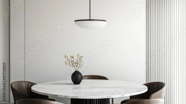 Fototapeta A chic, modern dining room with a round marble table, minimalist chairs, and a statement light fixture, offering a sophisticated space for entertaining