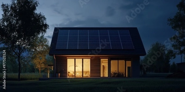 Fototapeta Modern house with solar panels glowing warmly at night, surrounded by trees and a serene atmosphere, highlighting sustainable living.