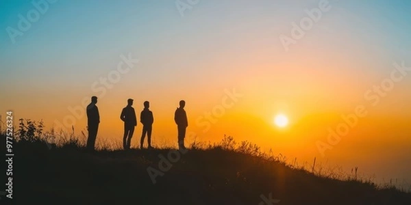 Obraz Silhouetted figures stand against a vibrant sunset, capturing a moment of reflection and tranquility in nature's embrace.