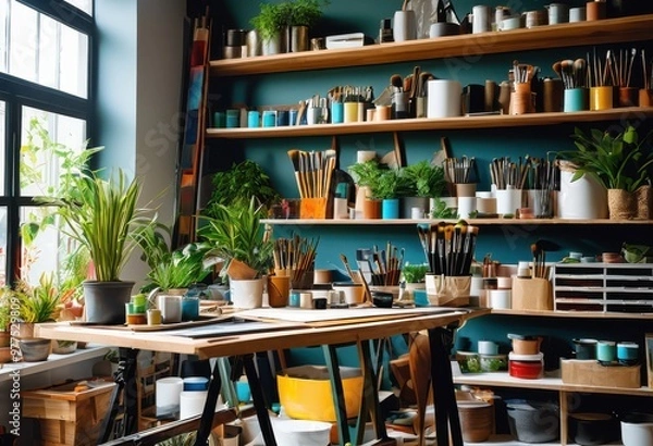 Fototapeta vibrant workspace featuring essential organized supplies creative projects productive tasks, office, tools, materials, organization, creativity