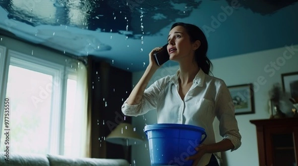 Fototapeta Woman Holding Bucket Under Leaky Roof While Talking on Phone in a Modern Home Interior
