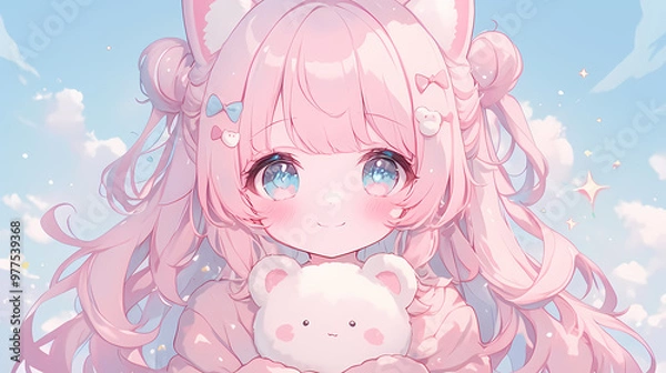 Fototapeta Chibi Anime Love Story – Cute Girls in Love Illustration
