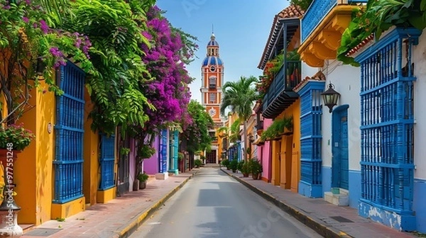 Fototapeta Walking through the streets of Cartagena, Colombia, immerses you in a vibrant mix of colonial architecture, colorful houses, and lively plazas. The historic walled city, with its rich cultural 