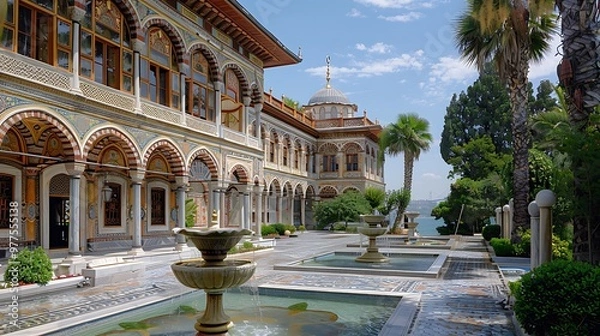 Fototapeta Visiting the Topkapi Palace, Istanbul, Turkey, immerses you in the opulent world of the Ottoman sultans, with its lavish courtyards, intricately decorated chambers, and stunning views of the 