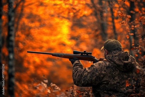 Fototapeta Fall Hunting. Hunter in Camouflage with Shotgun in Autumn Nature