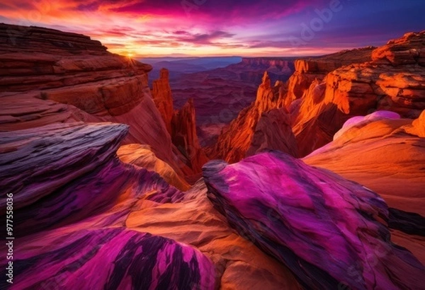 Obraz breathtaking rock formations under vibrant sunset hues majestic colors striking shadows, sky, landscape, scenery, nature, evening, twilight, dramatic