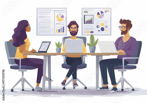 Fototapeta Business Team Discussing Strategy in Modern Office Setting with Laptops and Charts During Daytime - Minimalistic Vector Illustration