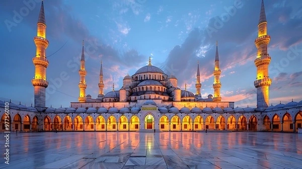 Fototapeta Visiting the Blue Mosque, Istanbul, Turkey, allows you to admire the stunning architecture of this Ottoman masterpiece, with its cascading domes and six minarets. Inside, the intricate blue 