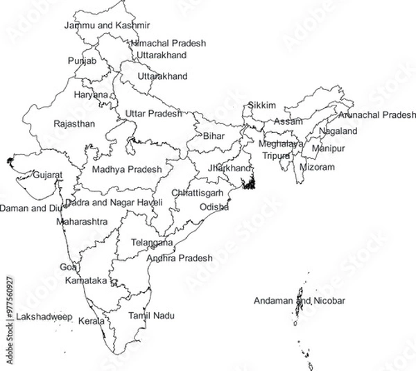 Fototapeta INDIA MAP WITH DIVISIONS STATES DEPARTMENTS
