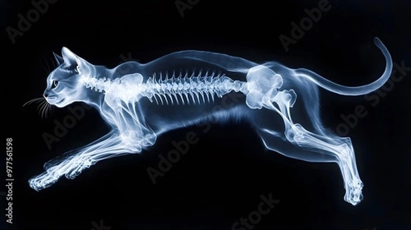 Fototapeta X-ray of a Cat in Mid-Leap: A detailed X-ray image of a cat mid-leap, showing the skeletal structure in motion against a dark background.
