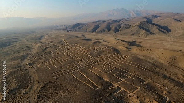 Fototapeta Taking a scenic flight over the Nazca Lines, Peru, reveals a mysterious landscape etched with enormous geoglyphs depicting animals, plants, and geometric shapes. The aerial view offers a unique 