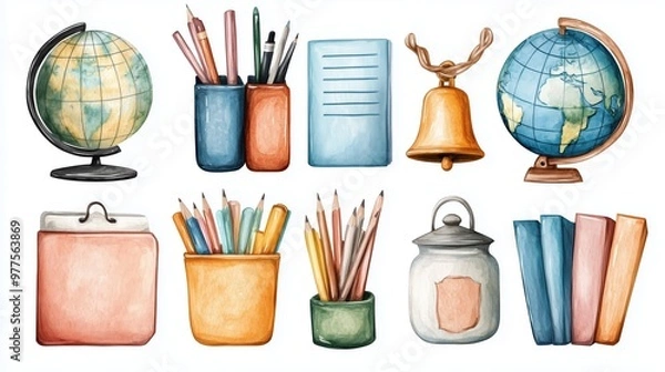 Fototapeta A set of watercolor illustrations featuring colorful stationery, a globe, and a bell, symbolizing the start of a new school year, arranged against a clean white backdrop.