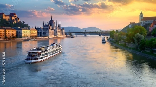 Obraz Taking a river cruise on the Danube, Europe, takes you through the heart of the continent, passing historic cities, castles, and picturesque landscapes. The gentle flow of the river provides 