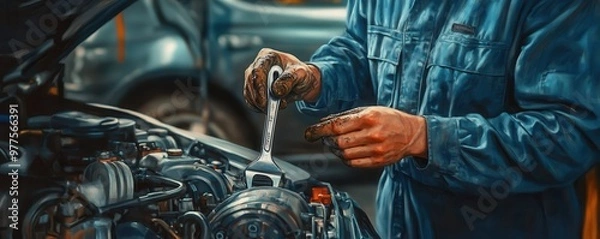 Fototapeta A mechanic working diligently on an engine with a wrench, showcasing the art of automotive repair and maintenance.