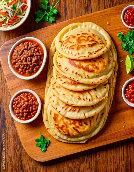 Fototapeta Top view of pupusa - traditional Salvadoran, Honduras griddle cake, flatbread with cheese, served on a wooden board with side dishes