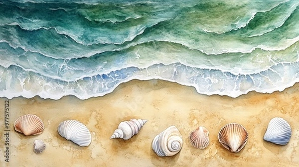 Fototapeta Beautiful beach scene featuring colorful seashells on golden sand with gentle waves lapping at the shore.