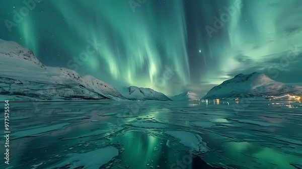 Fototapeta Experiencing the Northern Lights in Tromsø, Norway, provides a front-row seat to one of nature’s most spectacular light shows as vibrant auroras dance across the Arctic sky. The ethereal colors 