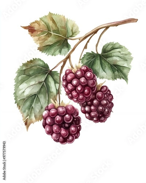 Fototapeta Watercolor painting of two ripe blackberries on a branch with green leaves.