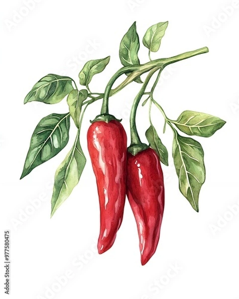 Fototapeta Two red chili peppers hang from a branch with green leaves, a watercolor illustration.