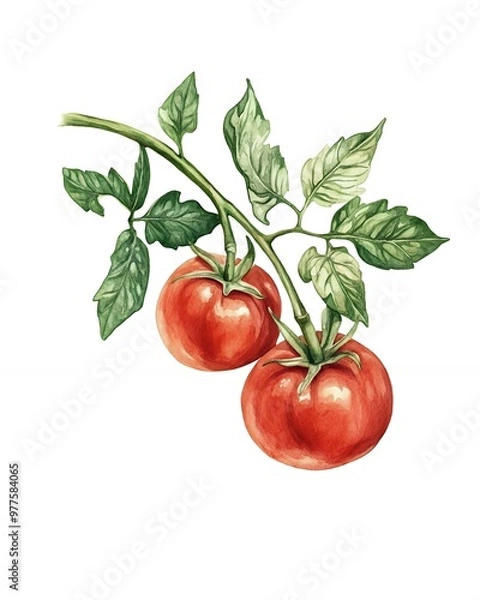 Fototapeta Two ripe red tomatoes hanging from a vine with green leaves.