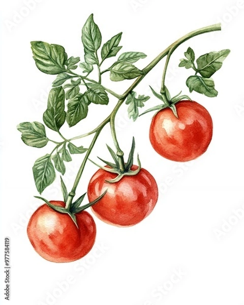 Fototapeta A watercolor illustration of three red tomatoes on a vine with green leaves.
