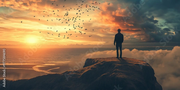 Fototapeta A solitary man stands on a cliff, silhouetted against a vibrant sunset sky, with a flock of birds in flight adding to the dramatic scenery.