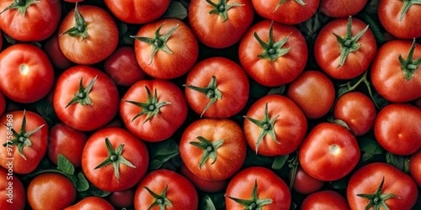 Fototapeta A vibrant arrangement of fresh red tomatoes fills the frame. This image captures the essence of natural produce in a simple yet appealing style. Perfect for food enthusiasts and culinary projects. AI