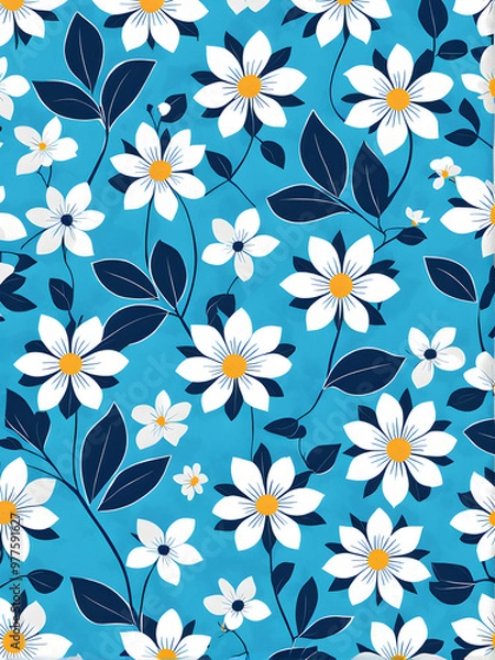 Fototapeta Cheerful Seamless Floral Pattern with White Flowers and Polka Dots on Sky Blue Background
