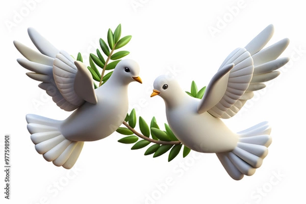Obraz 3D Floating Doves with Olive Branches Symbolizing Peace and Freedom for Human Rights Day - Isolated Icon on White Background