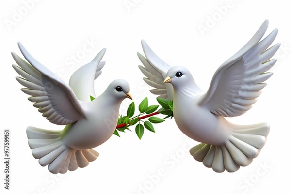 Obraz Two Floating Doves Holding Olive Branches Isolated on White Background Symbolizing Peace and Freedom for Human Rights Day - A Wide Shot Emphasizing Their Message