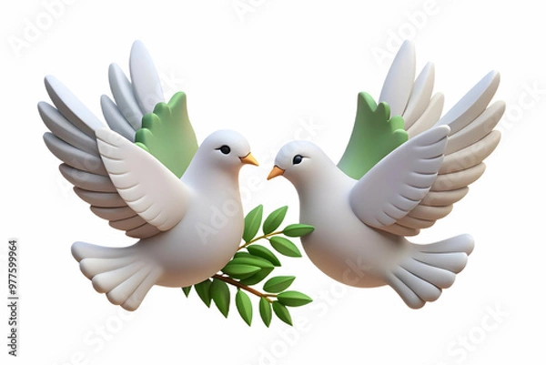 Obraz Flat Vector Illustration of Two Floating Doves Holding Olive Branches Symbolizing Peace and Freedom for Human Rights Day - Weightless Concept on White Background