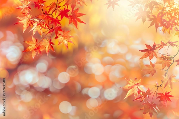 Fototapeta A leafy tree with red leaves and a blurry background.,