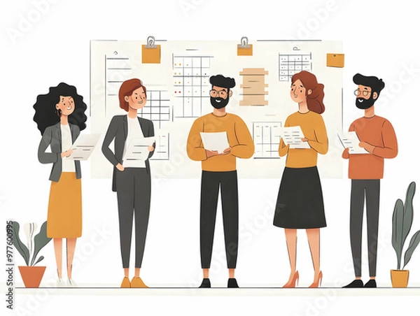Fototapeta Flat Candid Creative Collaboration: Team Brainstorming Ideas for 2025, Showcasing Energy and Calendar References in a Smart Business Tone - Vector Illustration