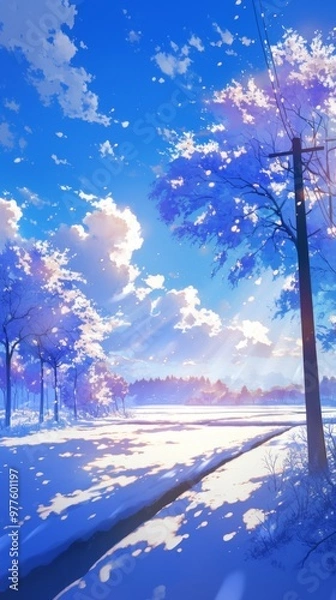 Fototapeta Ethereal Winter Canopy: Sunlight Piercing Through Ice-Covered Snow in Anime-Style Illustration. Captivating Light and Shadow Play for Marketing Campaigns. Enchanting 4K Wallpaper Ideal for Cultural Pr
