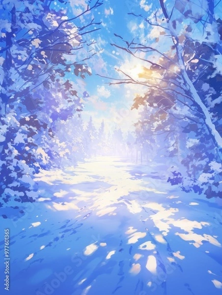 Fototapeta Ethereal Winter Canopy: Sunlight Piercing Through Ice-Covered Snow in Anime-Style Illustration. Captivating Light and Shadow Play for Marketing Campaigns. Enchanting 4K Wallpaper Ideal for Cultural Pr