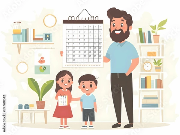 Fototapeta Flat Candid Family Calendar Night: Capturing Joyful Moments of Family Planning for 2025 in a Simple Vector Illustration