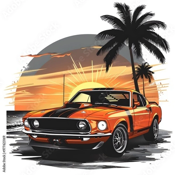 Fototapeta A classic vintage car is parked under tall palm trees with a vibrant sunset in the background, creating a nostalgic and tropical atmosphere. The scene evokes a sense of timeless summer adventure.