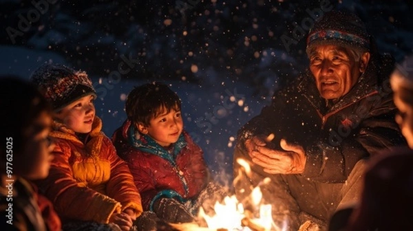 Fototapeta Close-up candid portrait of a tribal elder telling stories to children around a fire, their faces illuminated by the glow of the flames, snow gently falling outside