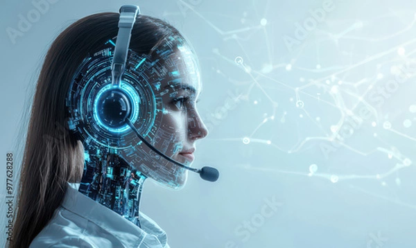 Fototapeta Futuristic woman with a digital headset, blending technology and human interaction, symbolizing innovation in communication, ai call center concept