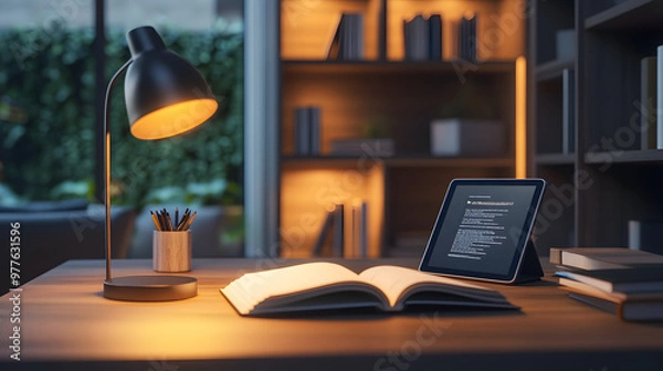 Fototapeta Modern Desk with Book and E-Book Reader